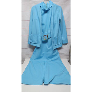 Vintage Montgomery Ward Size 12 2-pc Blue Dress w/Jacket Belt Turtleneck 1970s